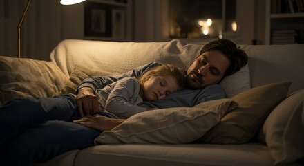 Father and daughter sleep together on couch