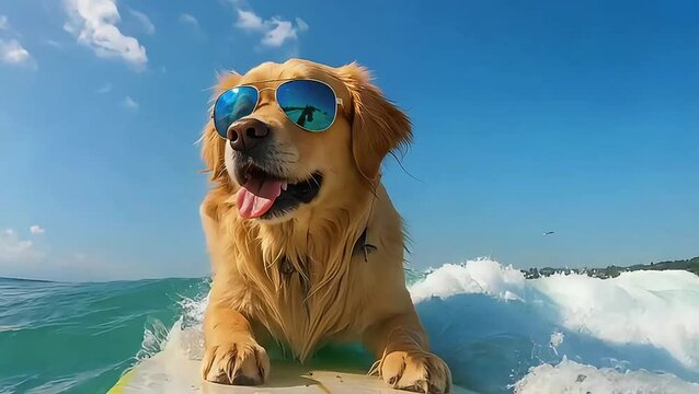 Chien cool qui surfe une vague	| IA / AI 