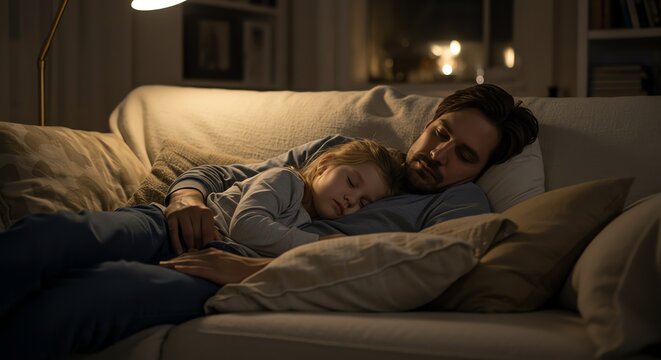 Father and daughter sleep together on couch