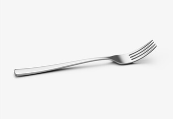A sleek stainless steel fork with a reflective finish and a slightly curved handle. 3D Illustration