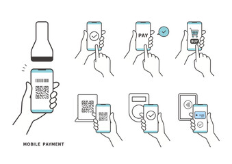 スマートフォンでのQRコード決済と非接触支払いのアイコンセット（ベクター）	