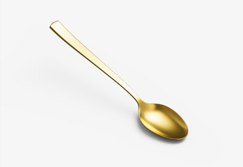A shiny golden spoon with a reflective surface, slender handle and oval bowl. 3D Illustration.