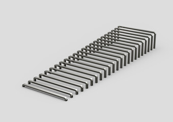 Neatly arranged staple pins create a modern, geometric, and minimalistic pattern.. 3d illustration