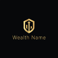 Golden Wealth Shield: An elegant golden logo featuring a shield with an upward-pointing arrow symbolizes growth and security in wealth management on dark background.