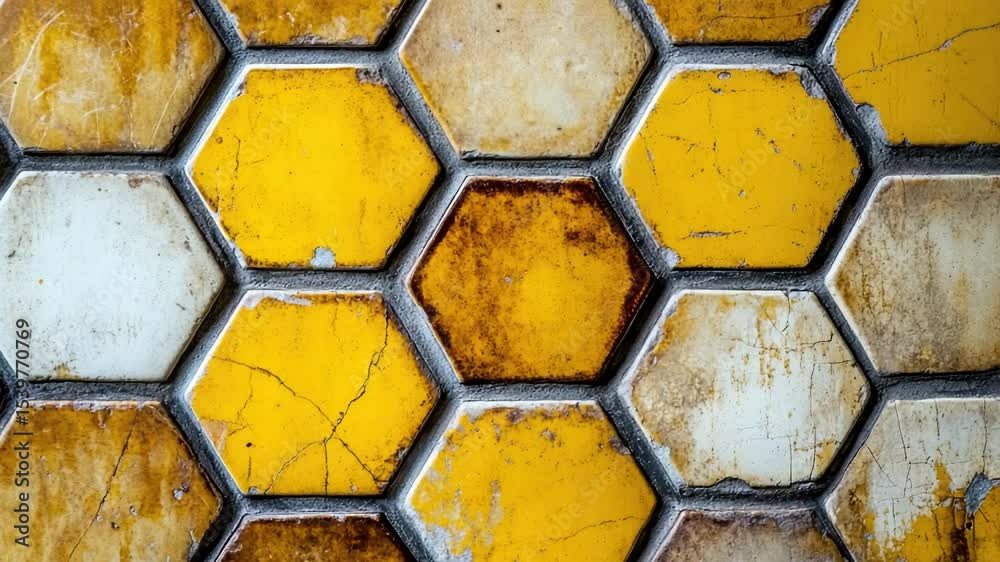 Poster A close-up view of a yellow and white tiled wall, suitable for use in interior design or architecture settings