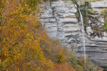  Gujuli waterfall in Basque Country. Autumn time. Alava, Spain