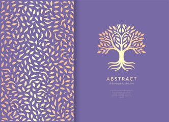 Abstract golden tree emblem on a lavender background. Modern illustration. Isolated vector. Great for logo, monogram, invitation, flyer, menu, brochure or any desired idea.