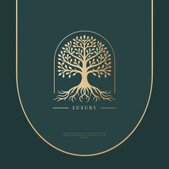 Abstract golden tree emblem on a dark green background. Modern illustration. Isolated vector. Great for logo, monogram, invitation, flyer, menu, brochure or any desired idea.