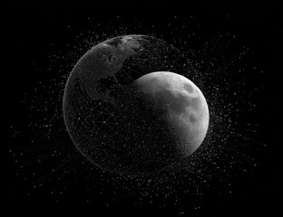A grayscale image depicts Earth and Moon intertwined, connected by a constellation of fine lines, set against a stark black background with emanating particles suggesting disintegration or connection