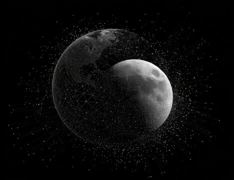 A grayscale image depicts Earth and Moon intertwined, connected by a constellation of fine lines, set against a stark black background with emanating particles suggesting disintegration or connection