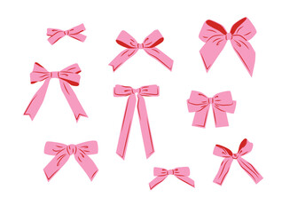 Simple hand drawn pink ribbon bow collection. Bowknot for decoration, big set of pinky bowtie. Large retro hand drawn