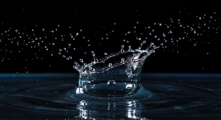 Water drop creating a crown splash on liquid surface