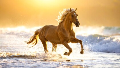 Golden Horse Running Ocean Sunset.