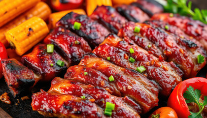 Delicious BBQ Ribs, Grilled Vegetables, and Sweet Glaze