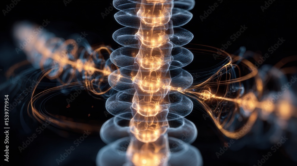 Poster stylized energy pulses create a dynamic representation along a spinal line in kinetic style artwork