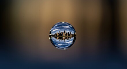 A transparent sphere reflecting a city skyline with blurred lights against a dark background.

