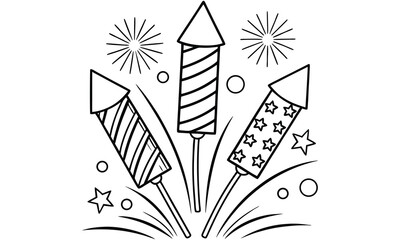Three fireworks rockets line art illustration isolated on white background