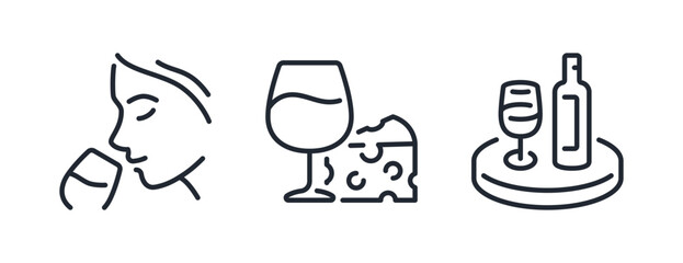 Fototapeta na wymiar Wine tasting, sommelier, serving tray and cheese editable stroke outline icons set isolated on white background flat vector illustration. Pixel perfect. 64 x 64.