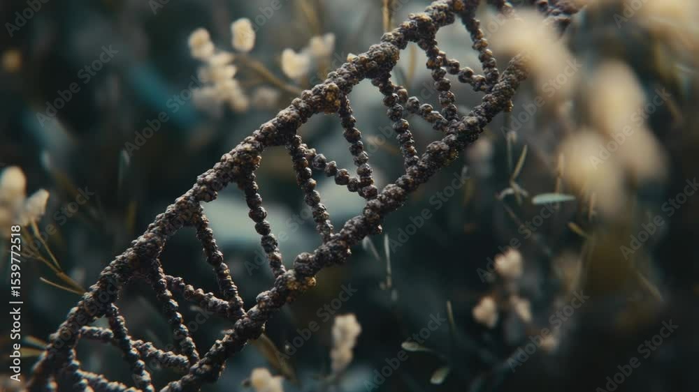 Poster a close-up view of a strand of dna on a plant, highlighting the molecular structure