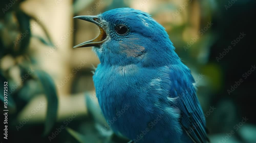 Poster a blue bird sits on a branch with its mouth open, possibly singing or preparing to take flight