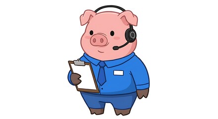 Naklejka premium vector art line of cute pig face with costume worker costumer services suitable for mockup and logo product of team isolated white background