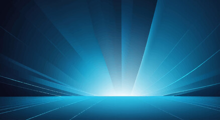 Vibrant blue light rays burst across a glowing sky, a dynamic digital art illustration