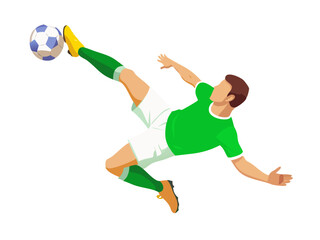 Cartoon boy soccer player kicking ball on field