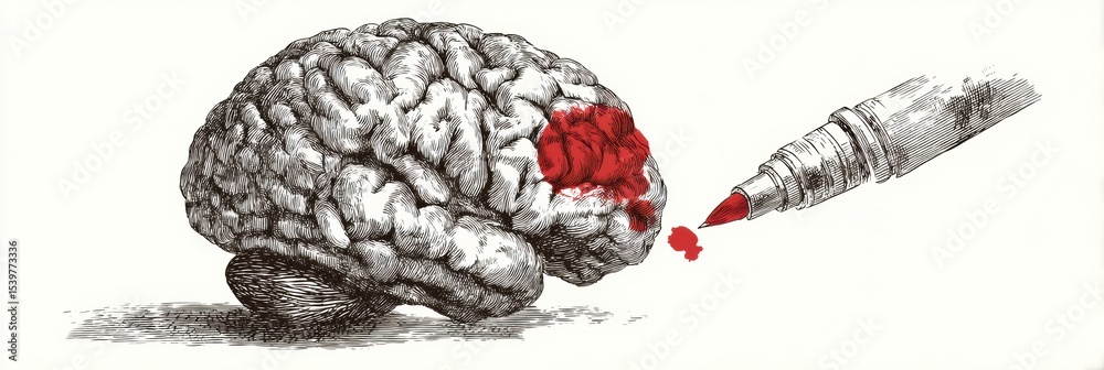 Poster creative brain sketch with vibrant red center perfect for messages or ideas
