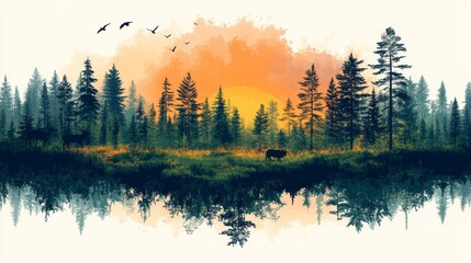 Serene Sunset Over Forest Reflection with Cows and Flying Birds