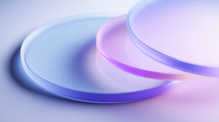 Modern abstract background featuring overlapping translucent discs in soft blue and purple hues, with smooth gradients and unique light effects, ideal for creative and commercial use.