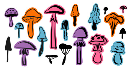 Mushrooms color sketch on isolated background. Hand drawn illustration with toadstool, chanterelles, honey fungus, morels, butter mushroom, fly agaric, oyster, russula, spongy. Forest plants, autumn