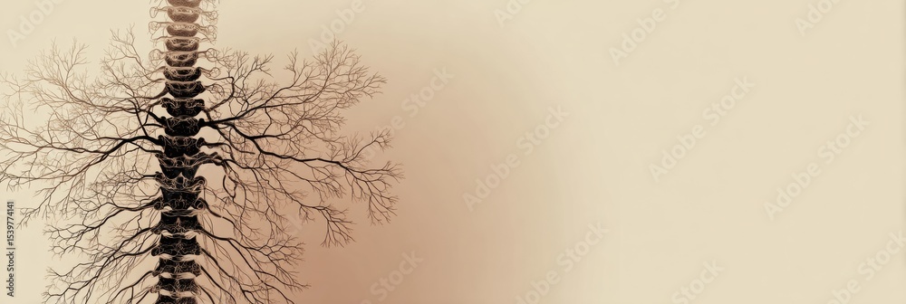 Poster minimalistic depiction of a spinal cord with intricate nerve branches in a calm medical background t