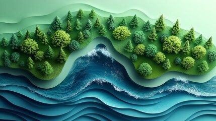 Abstract Paper Art Landscape with Trees and Ocean Waves