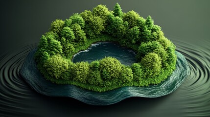 Lush Green Island with Heart-Shaped Water Body Surrounded by Trees