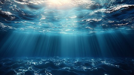Tranquil Ocean Water Surface with Rays of Light Beneath Waves