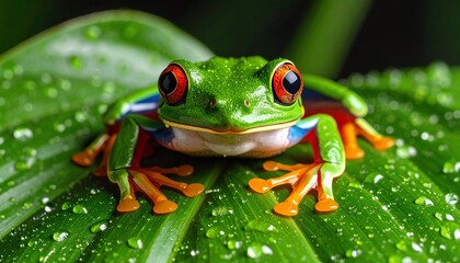 Fototapeta premium A vibrant red-eyed tree frog perched on a lush green leaf covered in droplets of water, showcasing nature's beauty and detail.