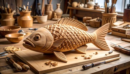 Carved wooden fish with artists workshop.