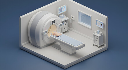 MRI machine in a sterile medical clinic with a patient lying on the examination table. Isometric view of a medical equipment room with a patient prepped for a scan.