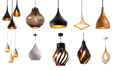 A variety of modern pendant lamps with unique shapes and finishes.