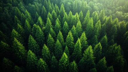 Lush Green Forest Canopy with Dense Pine Trees in Natural Setting