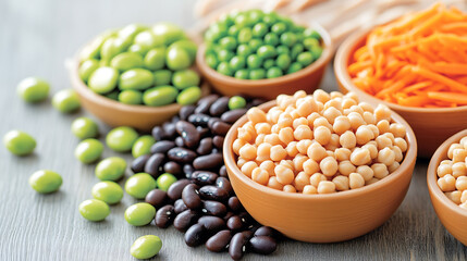 Protein-rich food assortment featuring chickpeas, edamame, black beans, and carrot slices, perfect for a healthy and nutritious meal