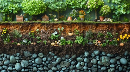 Garden Scene with Layers of Soil, Rocks, and Greenery Elements