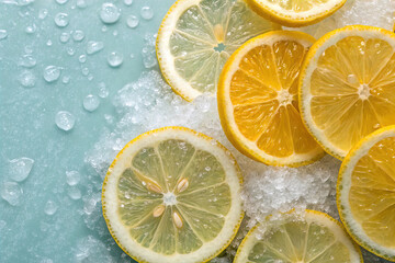 Background of beautiful lemon citrus fruit slices on frozen surface