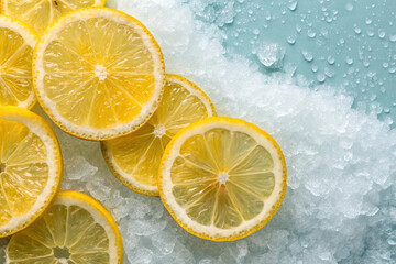 Background of beautiful lemon citrus fruit slices on frozen surface