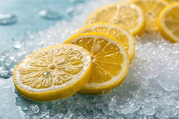 Background of beautiful lemon citrus fruit slices on frozen surface