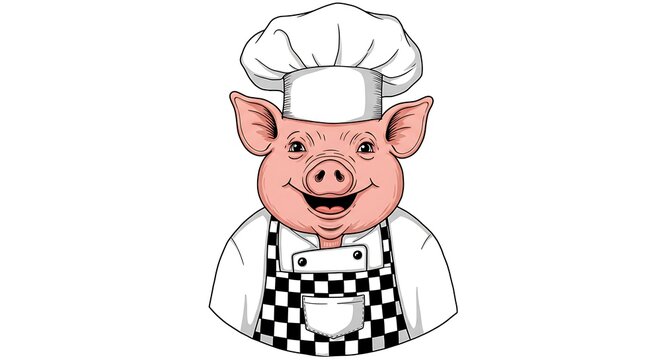 vector art line of cute pig face with costume worker cheft and cooking apron suitable for mockup and logo product of team isolated white background