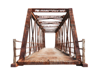 An old, rusted metal bridge with wooden railings, spanning a body of water.