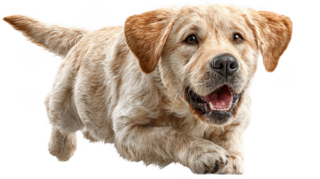 A playful creamcolored labrador puppy, isolated on transparent background, playfully pounces forward with a joyful expression