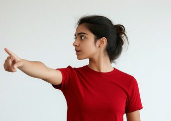 Young Woman in Red Shirt Pointing at Empty Space – High-Quality Stock Photo with Professional Color Grading, Minimal Contrast, and Clean, Sharp Focus on White Background