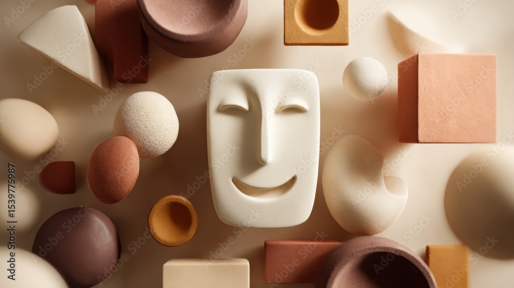 Poster Smiling Clay Face Surrounded by Floating Abstract Shapes in a Minimal Space Showcasing Creativity and Playfulness